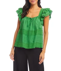 Karen Kane Embroidered Square Neck Short Ruffle Sleeve Blouse