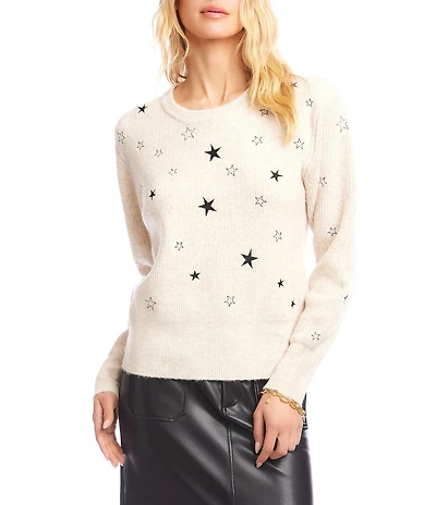Karen Kane Wool Blend Embroidered Star Crew Neck Long Sleeve Sweater