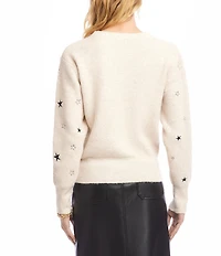 Karen Kane Wool Blend Embroidered Star Crew Neck Long Sleeve Sweater