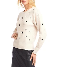 Karen Kane Wool Blend Embroidered Star Crew Neck Long Sleeve Sweater