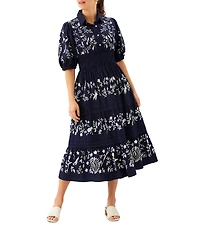 Karen Kane Embroidered Twill Point Collar Puff Sleeve Tiered Front Button Smocked Midi Dress
