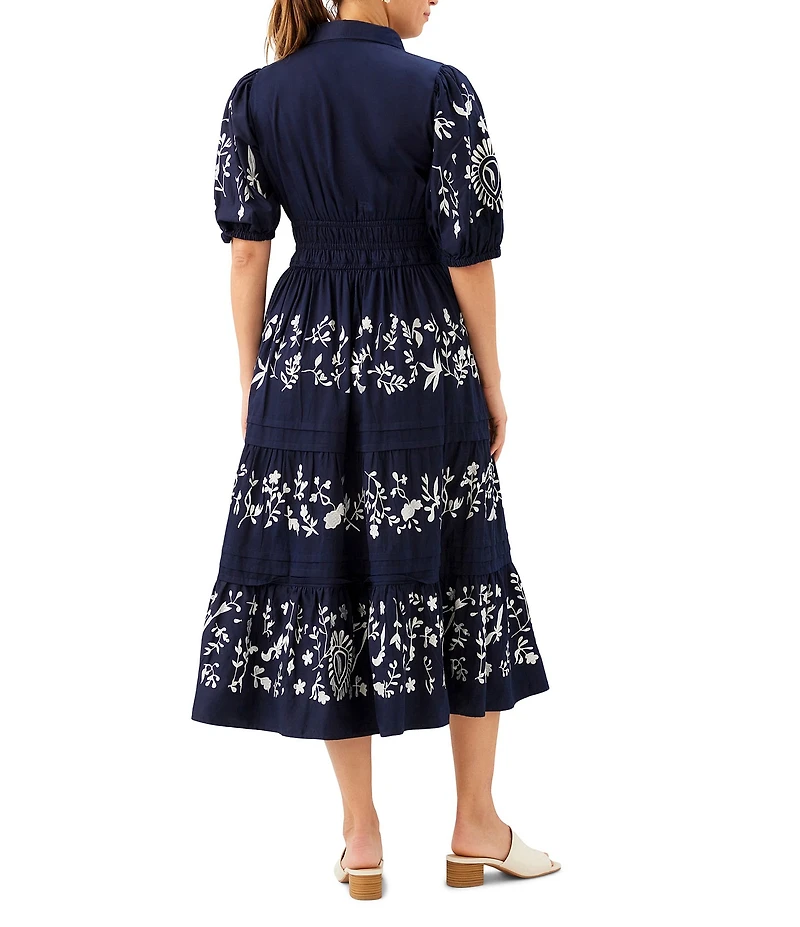Karen Kane Embroidered Twill Point Collar Puff Sleeve Tiered Front Button Smocked Midi Dress