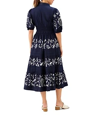 Karen Kane Embroidered Twill Point Collar Puff Sleeve Tiered Front Button Smocked Midi Dress
