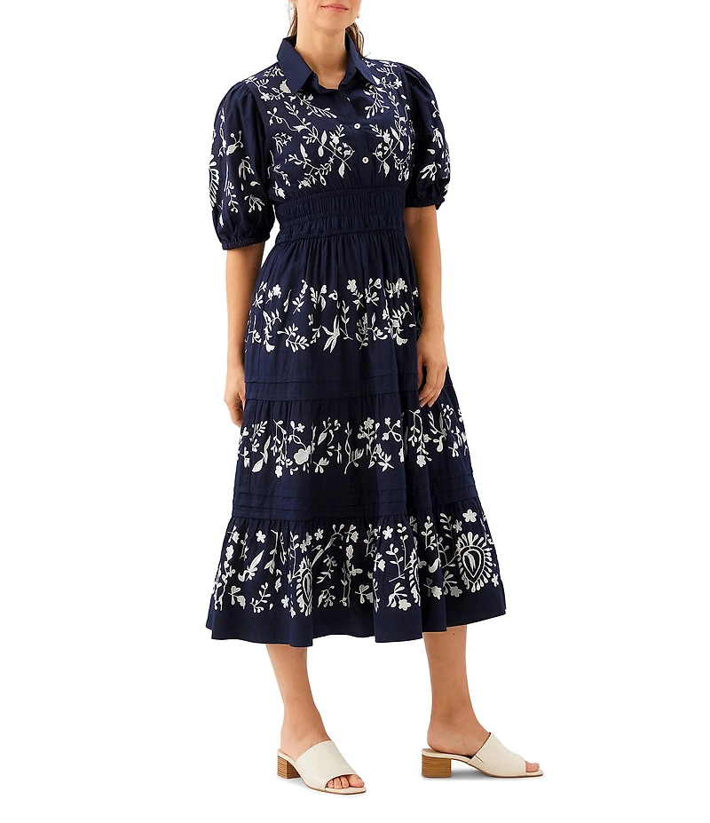 Karen Kane Embroidered Twill Point Collar Puff Sleeve Tiered Front Button Smocked Midi Dress
