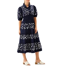 Karen Kane Embroidered Twill Point Collar Puff Sleeve Tiered Front Button Smocked Midi Dress