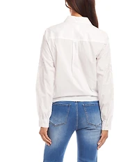 Karen Kane Eyelet Embroidered Floral Tie-Front Point Collar Long Sleeve Top