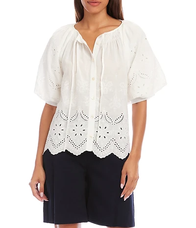 Karen Kane Eyelet Embroidered Tie Neck Short Puff Sleeve Scalloped Hem Button Front Shirt