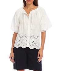 Karen Kane Eyelet Embroidered Tie Neck Short Puff Sleeve Scalloped Hem Button Front Shirt
