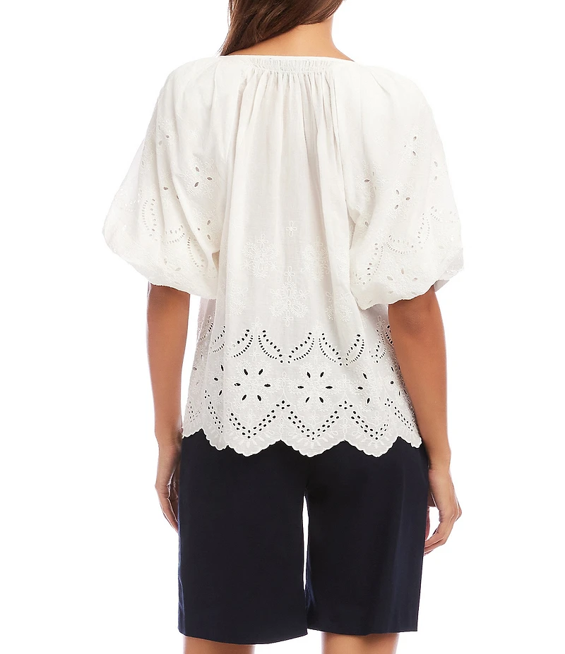 Karen Kane Eyelet Embroidered Tie Neck Short Puff Sleeve Scalloped Hem Button Front Shirt