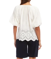 Karen Kane Eyelet Embroidered Tie Neck Short Puff Sleeve Scalloped Hem Button Front Shirt