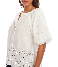 Karen Kane Eyelet Embroidered Tie Neck Short Puff Sleeve Scalloped Hem Button Front Shirt