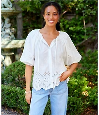 Karen Kane Eyelet Embroidered Tie Neck Short Puff Sleeve Scalloped Hem Button Front Shirt