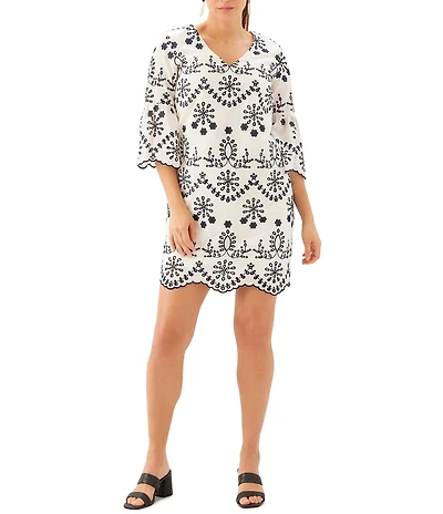 Karen Kane Eyelet Embroidered V-Neck 3/4 Flare Sleeve Scalloped Hem Shift Dress