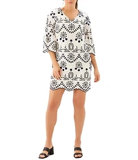 Karen Kane Eyelet Embroidered V-Neck 3/4 Flare Sleeve Scalloped Hem Shift Dress