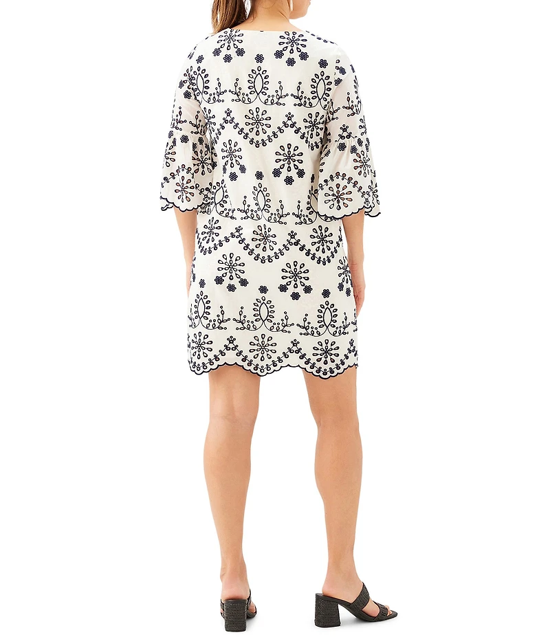 Karen Kane Eyelet Embroidered V-Neck 3/4 Flare Sleeve Scalloped Hem Shift Dress