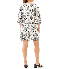 Karen Kane Eyelet Embroidered V-Neck 3/4 Flare Sleeve Scalloped Hem Shift Dress