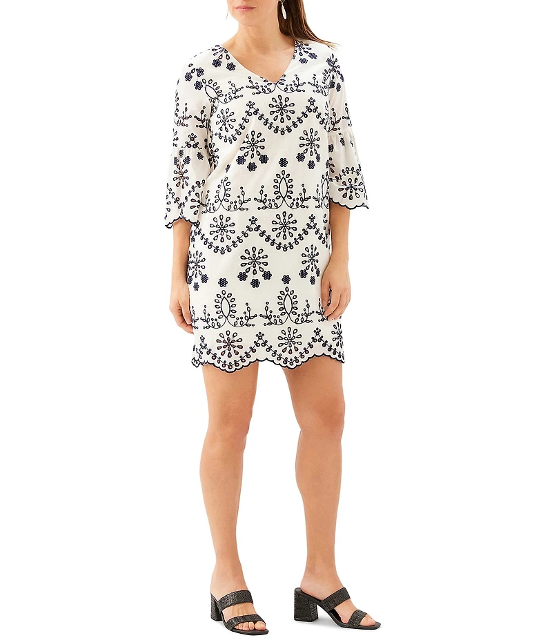 Karen Kane Eyelet Embroidered V-Neck 3/4 Flare Sleeve Scalloped Hem Shift Dress