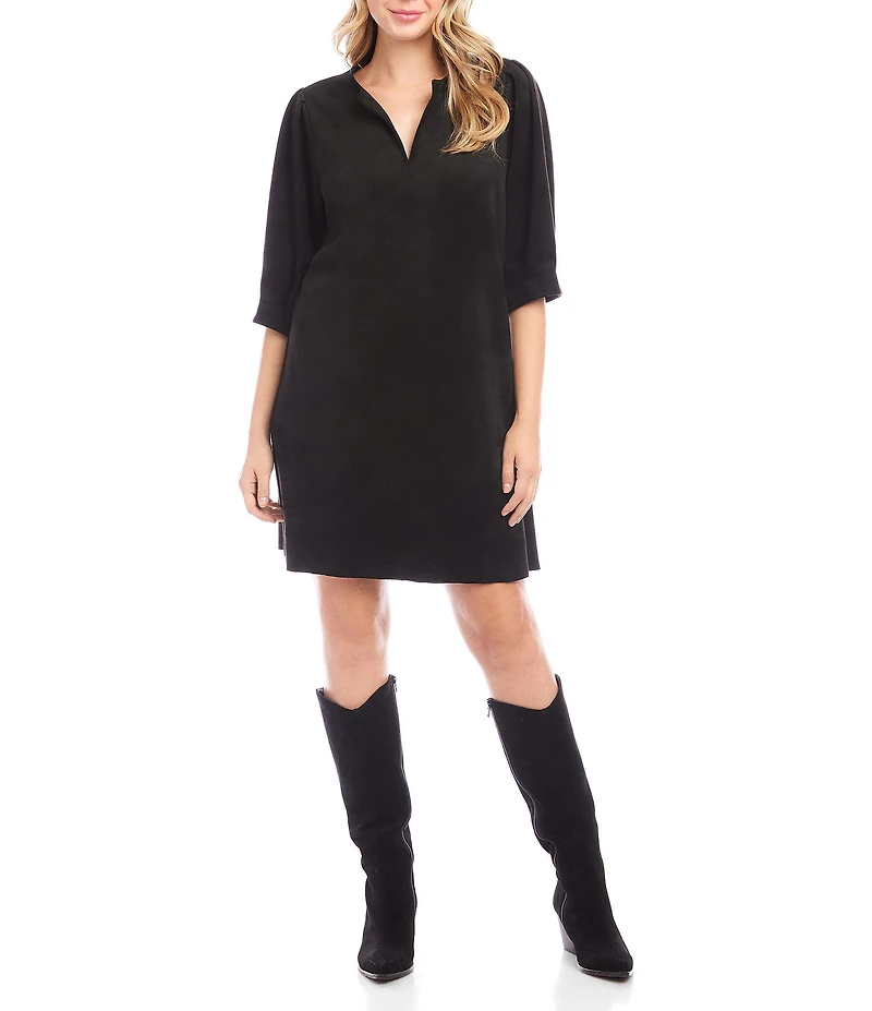 Karen Kane Faux Suede Split V-Neck Puff Sleeve Shift Dress