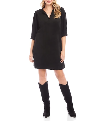 Karen Kane Faux Suede Split V-Neck Puff Sleeve Shift Dress