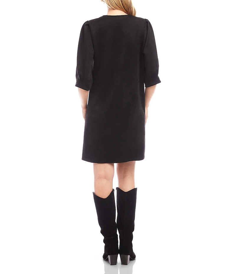 Karen Kane Faux Suede Split V-Neck Puff Sleeve Shift Dress