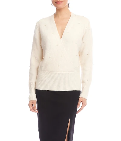 Karen Kane Faux Wrap Pearl Embellished V-Neck Long Sleeve Sweater