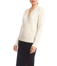 Karen Kane Faux Wrap Pearl Embellished V-Neck Long Sleeve Sweater