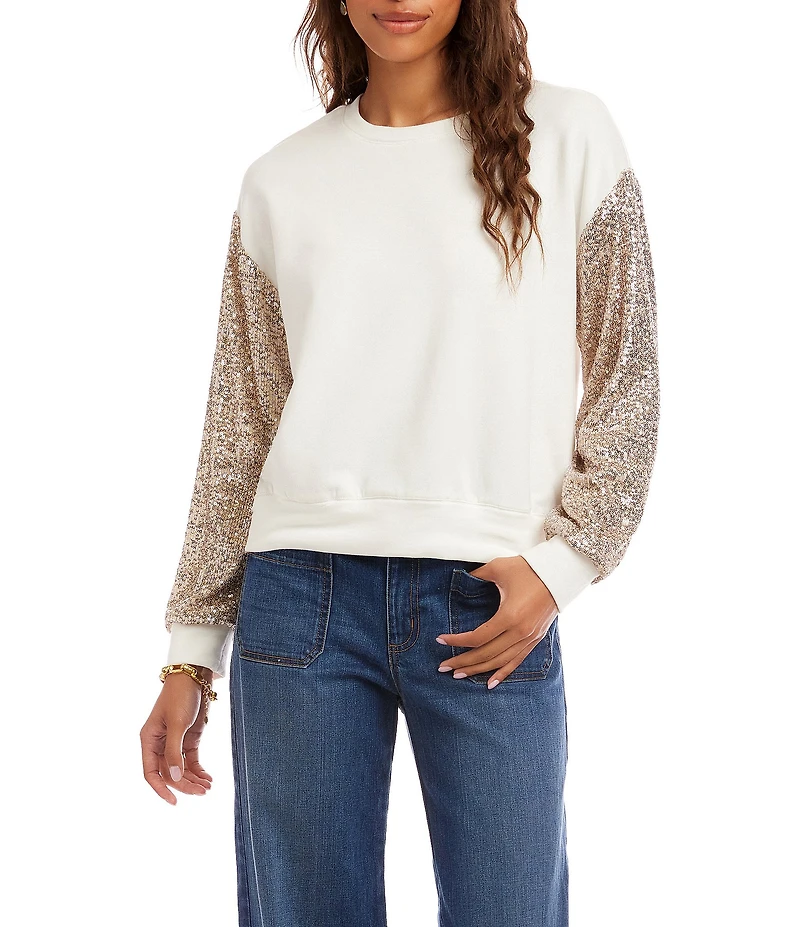 Karen Kane Fleece Knit Crew Neck Sequin Long Sleeve Top