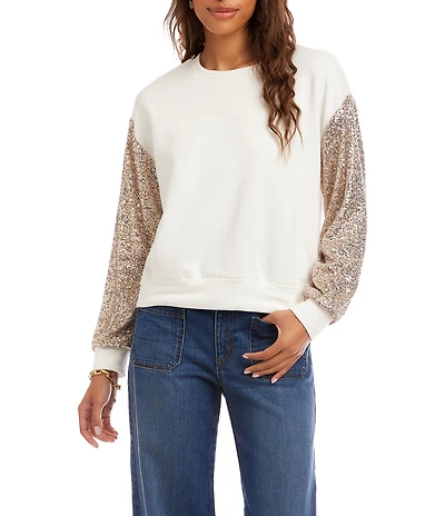 Karen Kane Fleece Knit Crew Neck Sequin Long Sleeve Top