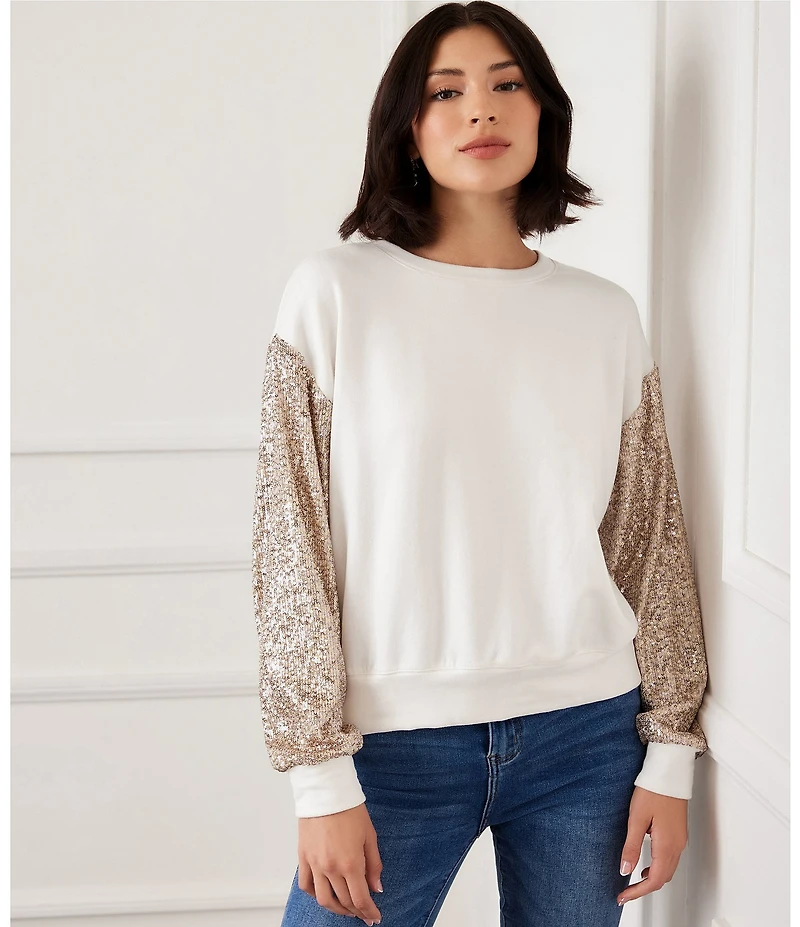 Karen Kane Fleece Knit Crew Neck Sequin Long Sleeve Top