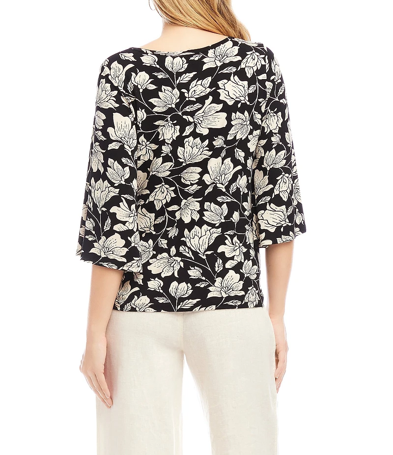 Karen Kane Floral Boat Neck 3/4 Flare Sleeve Side Pick-Up Hem Top