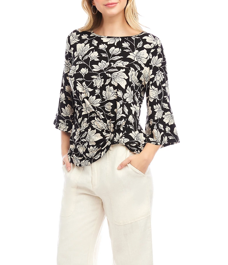 Karen Kane Floral Boat Neck 3/4 Flare Sleeve Side Pick-Up Hem Top