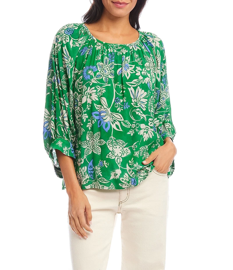 Karen Kane Floral Crepe Scoop Neck 3/4 Blouson Sleeve Top