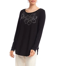 Karen Kane Floral Embellished Scoop Neck Long Sleeve Top