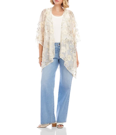 Karen Kane Floral Embroidered Chiffon Open Front 3/4 Flared Sleeve Cardigan