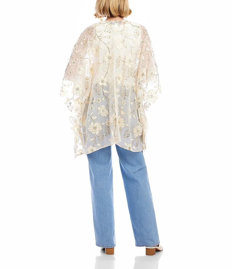 Karen Kane Floral Embroidered Chiffon Open Front 3/4 Flared Sleeve Cardigan