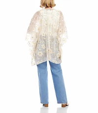 Karen Kane Floral Embroidered Chiffon Open Front 3/4 Flared Sleeve Cardigan
