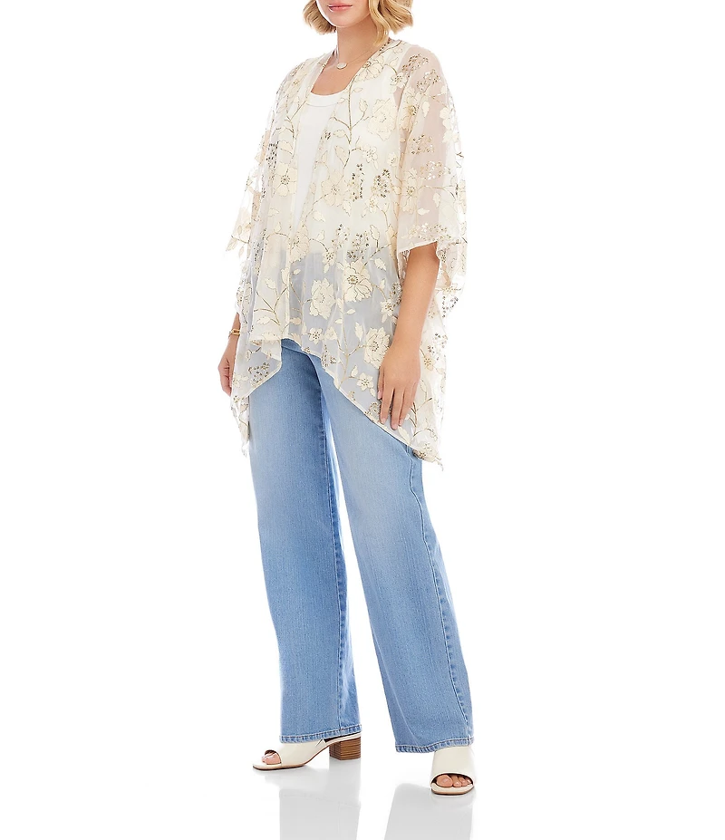 Karen Kane Floral Embroidered Chiffon Open Front 3/4 Flared Sleeve Cardigan