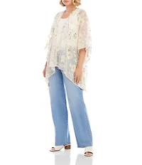 Karen Kane Floral Embroidered Chiffon Open Front 3/4 Flared Sleeve Cardigan