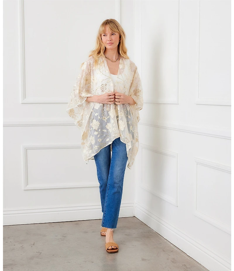 Karen Kane Floral Embroidered Chiffon Open Front 3/4 Flared Sleeve Cardigan