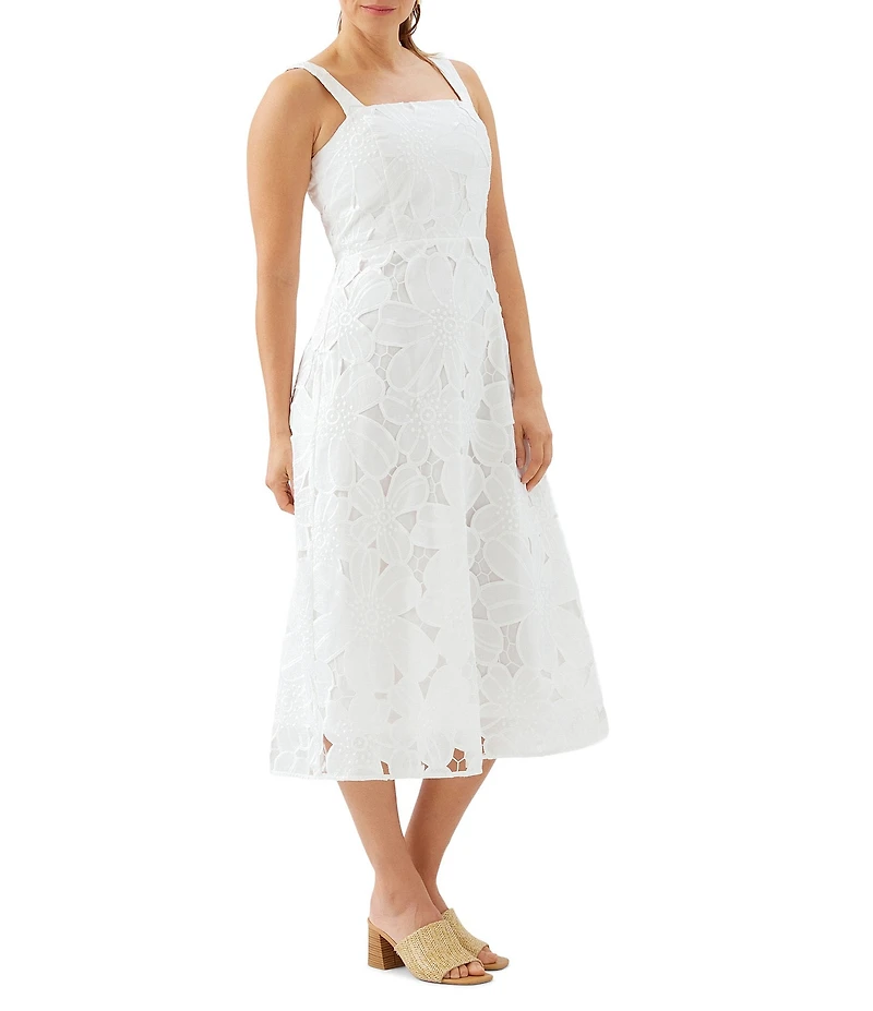 Karen Kane Floral Eyelet Cut Out Embroidered Square Neck Sleeveless Midi Sundress