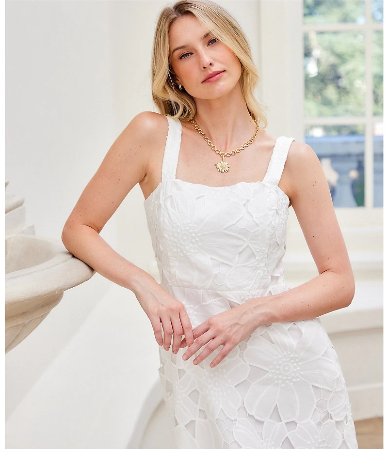 Karen Kane Floral Eyelet Cut Out Embroidered Square Neck Sleeveless Midi Sundress