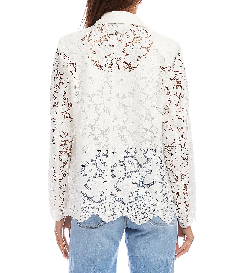 Karen Kane Floral Lace Notch Collar Long Sleeve Scalloped Hem Blazer