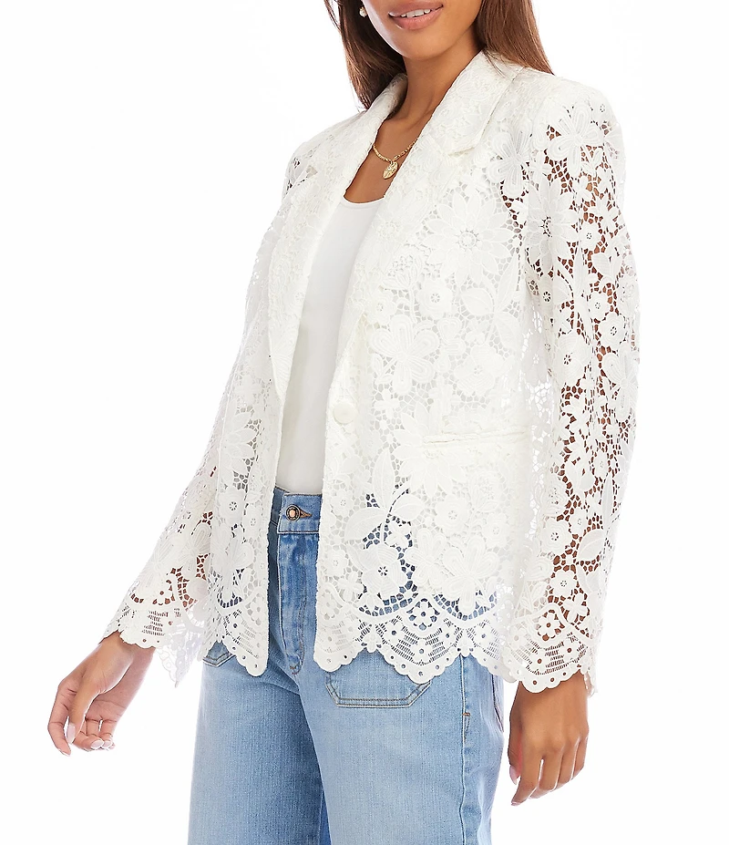 Karen Kane Floral Lace Notch Collar Long Sleeve Scalloped Hem Blazer