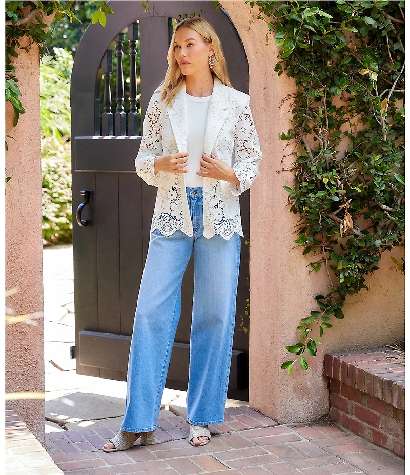 Karen Kane Floral Lace Notch Collar Long Sleeve Scalloped Hem Blazer