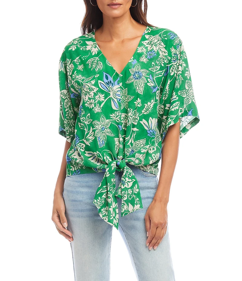 Karen Kane Floral V-Neck Short Sleeve Tie-Front Top
