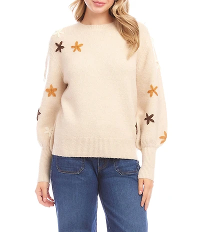 Karen Kane Flower Embroidered Knit Crew Neck Long Puff Sleeve Top