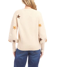 Karen Kane Flower Embroidered Knit Crew Neck Long Puff Sleeve Top