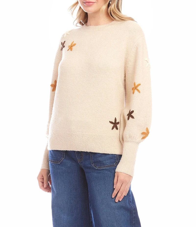 Karen Kane Flower Embroidered Knit Crew Neck Long Puff Sleeve Top