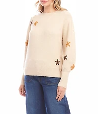 Karen Kane Flower Embroidered Knit Crew Neck Long Puff Sleeve Top