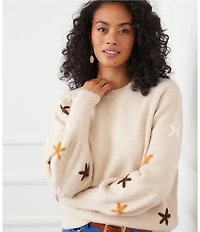 Karen Kane Flower Embroidered Knit Crew Neck Long Puff Sleeve Top